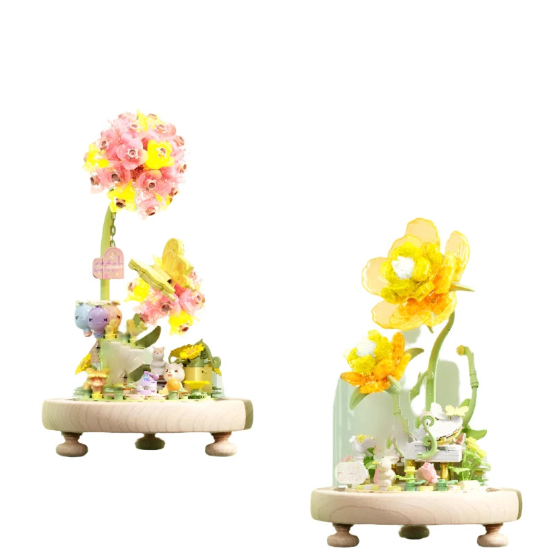 Plant Bonsai Building Blocks featuring a delicate Peony and Hydrangea floral arrangement with a charming rabbit figure, complete with a dust cover, perfect for DIY enthusiasts and kids’ puzzle play.