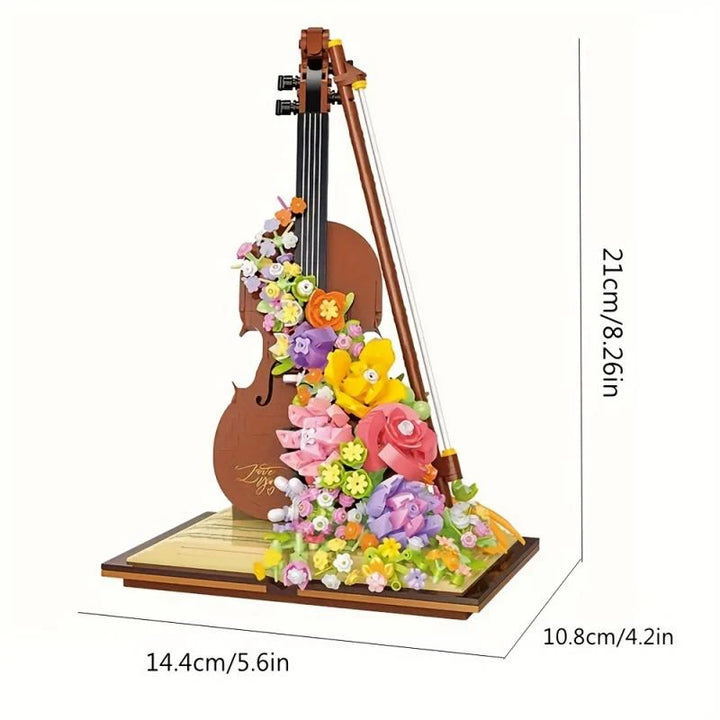 Preserved Flower Piano Violin Building Blocks set featuring a beautiful combination of musical instruments and floral designs, including a piano and violin with a cascading waterfall effect, perfect for creative assembly and a charming Christmas gift for girls.