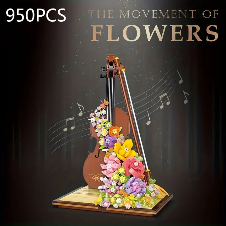 Preserved Flower Piano Violin Building Blocks set featuring a beautiful combination of musical instruments and floral designs, including a piano and violin with a cascading waterfall effect, perfect for creative assembly and a charming Christmas gift for girls.