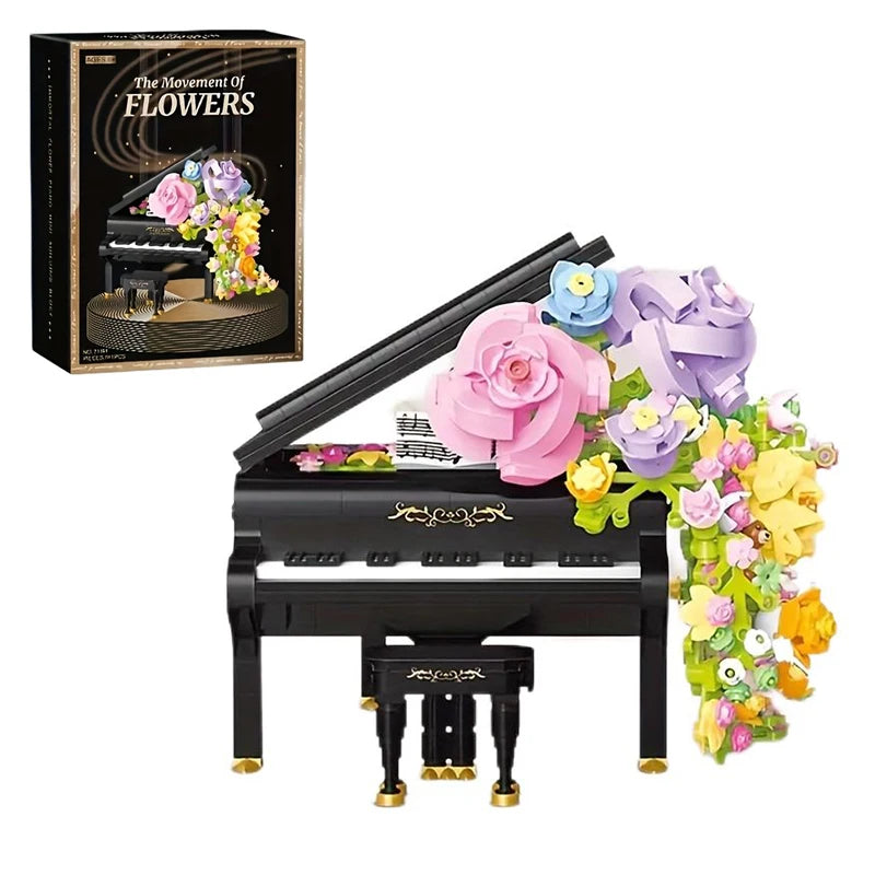 Preserved Flower Piano Violin Building Blocks set featuring a beautiful combination of musical instruments and floral designs, including a piano and violin with a cascading waterfall effect, perfect for creative assembly and a charming Christmas gift for girls.
