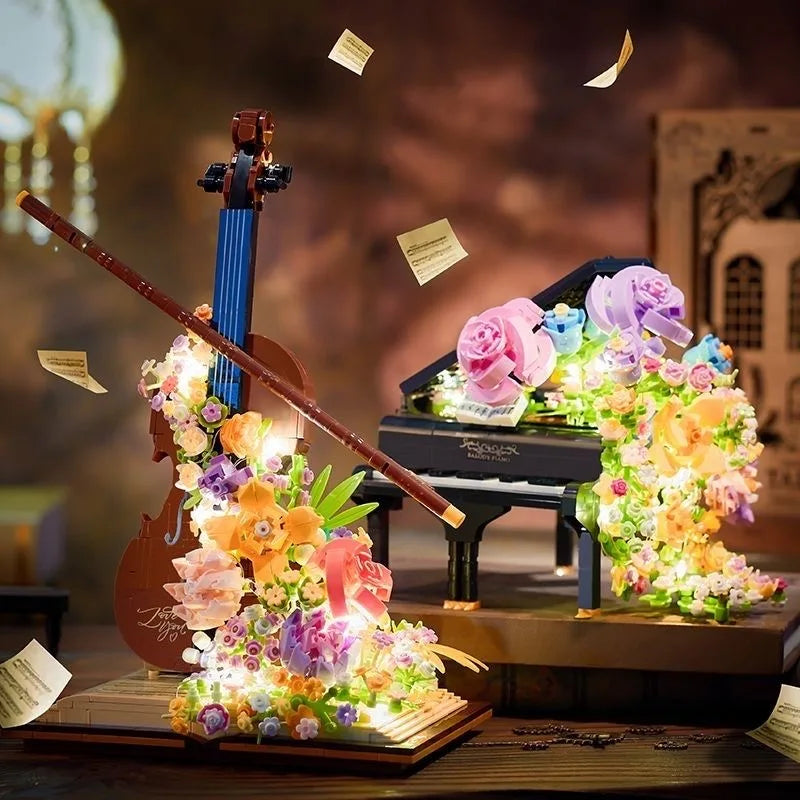 Preserved Flower Piano Violin Building Blocks set featuring a beautiful combination of musical instruments and floral designs, including a piano and violin with a cascading waterfall effect, perfect for creative assembly and a charming Christmas gift for girls.