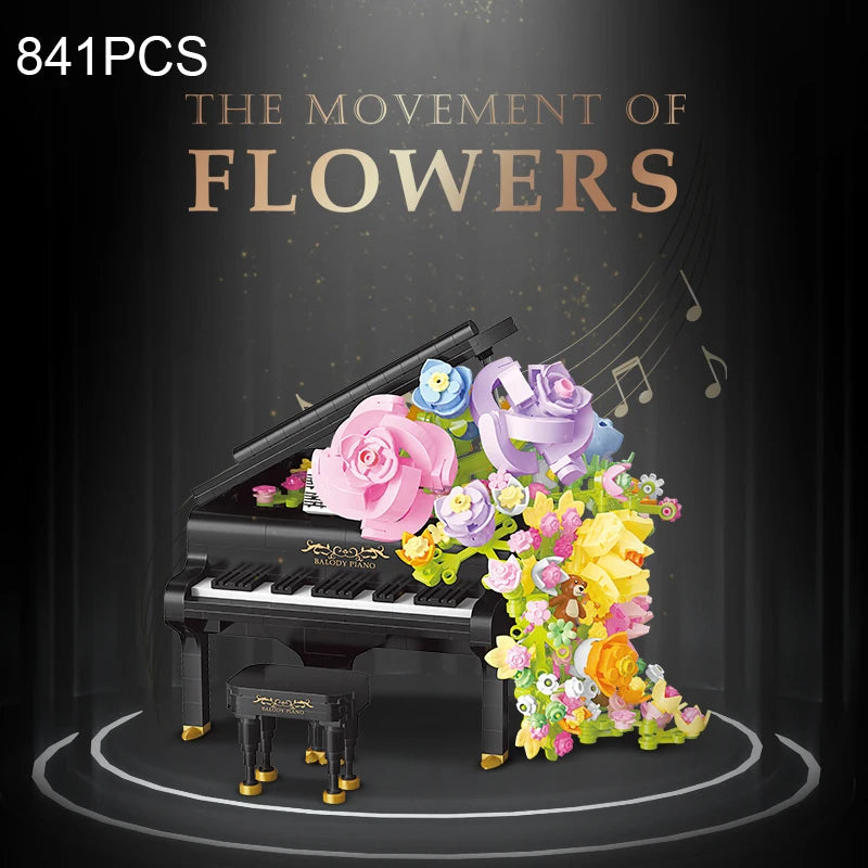 Preserved Flower Piano Violin Building Blocks set featuring a beautiful combination of musical instruments and floral designs, including a piano and violin with a cascading waterfall effect, perfect for creative assembly and a charming Christmas gift for girls.