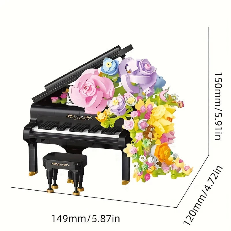 Preserved Flower Piano Violin Building Blocks set featuring a beautiful combination of musical instruments and floral designs, including a piano and violin with a cascading waterfall effect, perfect for creative assembly and a charming Christmas gift for girls.