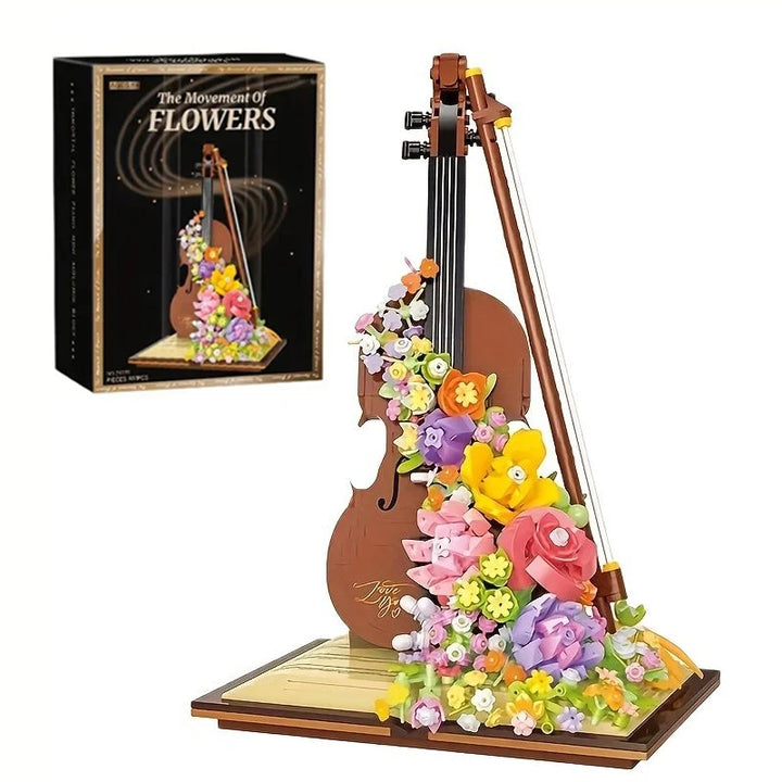 Preserved Flower Piano Violin Building Blocks set featuring a beautiful combination of musical instruments and floral designs, including a piano and violin with a cascading waterfall effect, perfect for creative assembly and a charming Christmas gift for girls.