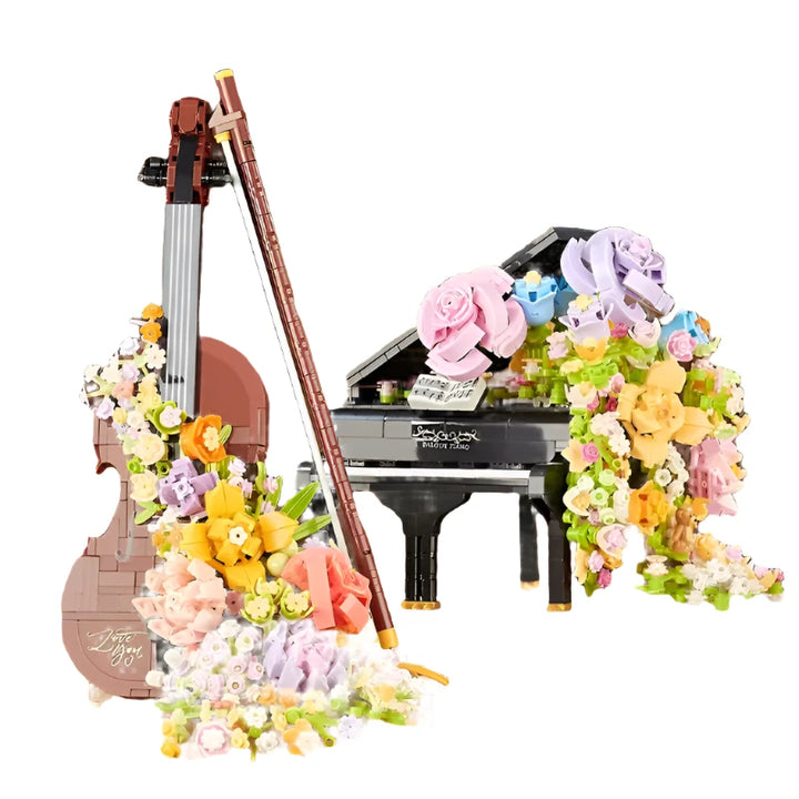 Preserved Flower Piano Violin Building Blocks set featuring a beautiful combination of musical instruments and floral designs, including a piano and violin with a cascading waterfall effect, perfect for creative assembly and a charming Christmas gift for girls.