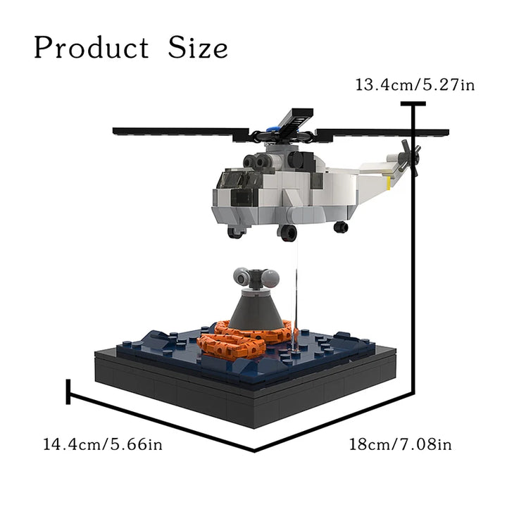 Rescue Helicopter Building Block Model featuring a detailed white helicopter with a winch lowering a rescue buoy, displayed on a black base, perfect for aviation and rescue operation enthusiasts