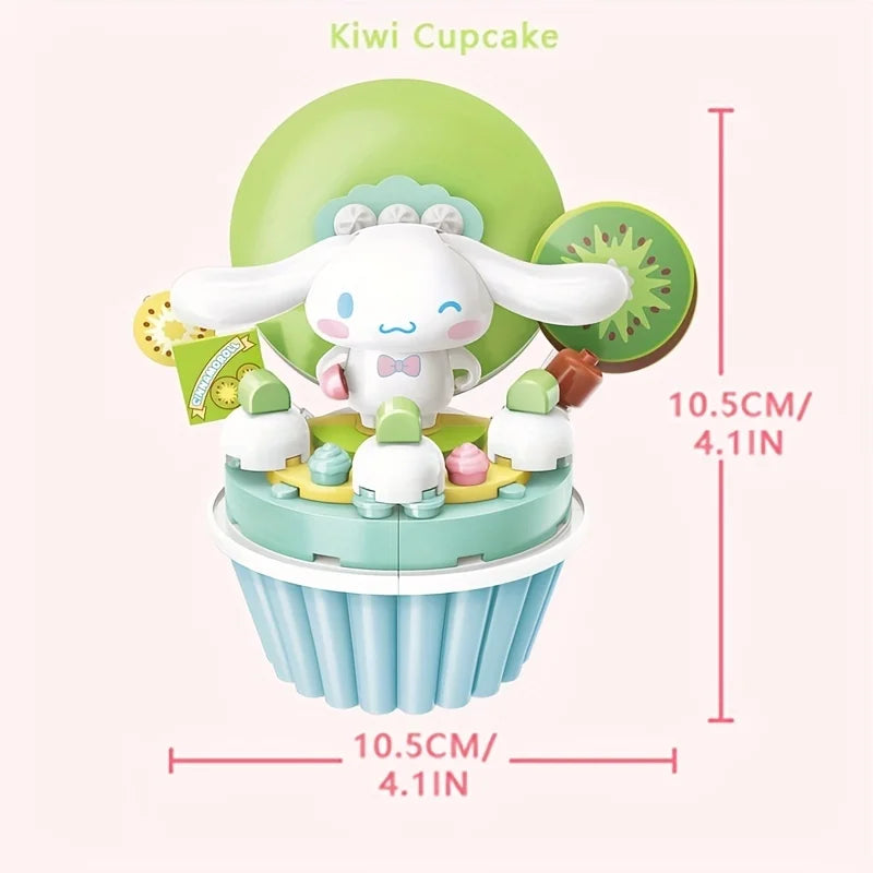 Sanrio Cinnamoroll Cartoon Cake Building Blocks Set featuring a cute anime figure of Cinnamoroll on a colorful cake, ideal for kids' toys, desktop ornaments, and birthday gifts.