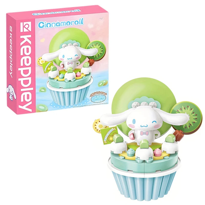 Sanrio Cinnamoroll Cartoon Cake Building Blocks Set featuring a cute anime figure of Cinnamoroll on a colorful cake, ideal for kids' toys, desktop ornaments, and birthday gifts.