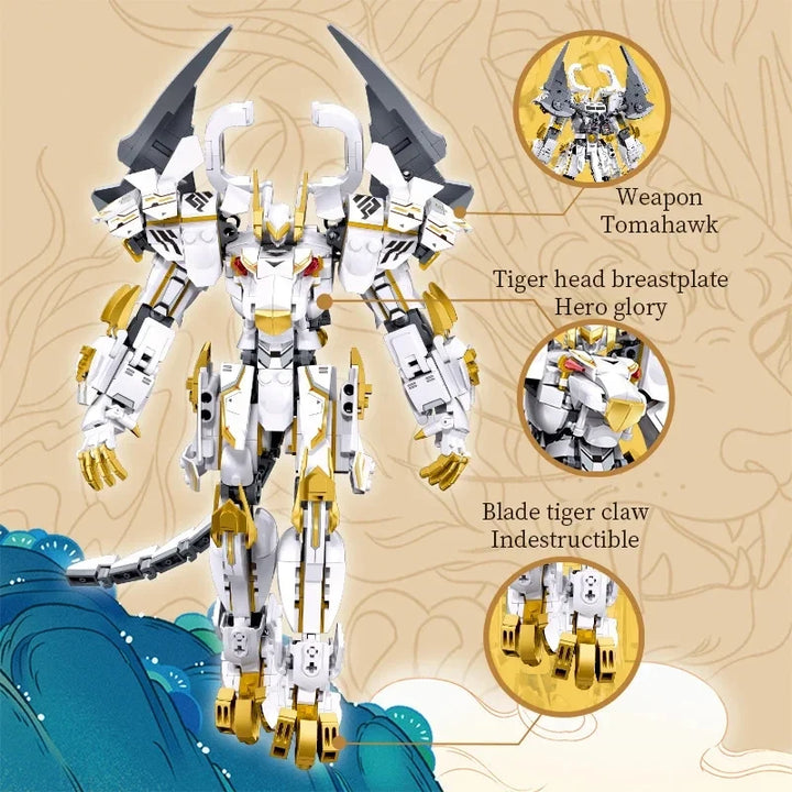 Sluban White Tiger Mecha Building Blocks featuring a classic mecha figure model in a white tiger design, perfect for kids' educational play and holiday gifts.