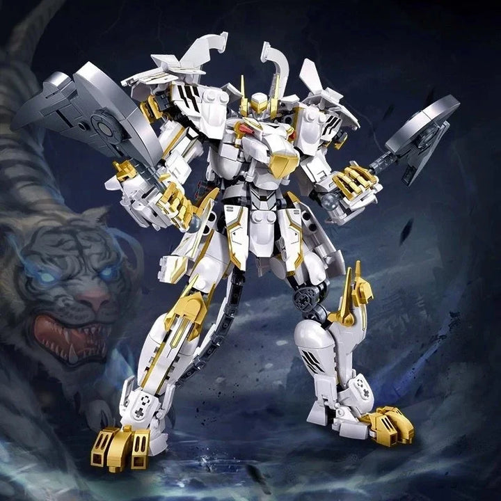 Sluban White Tiger Mecha Building Blocks featuring a classic mecha figure model in a white tiger design, perfect for kids' educational play and holiday gifts.