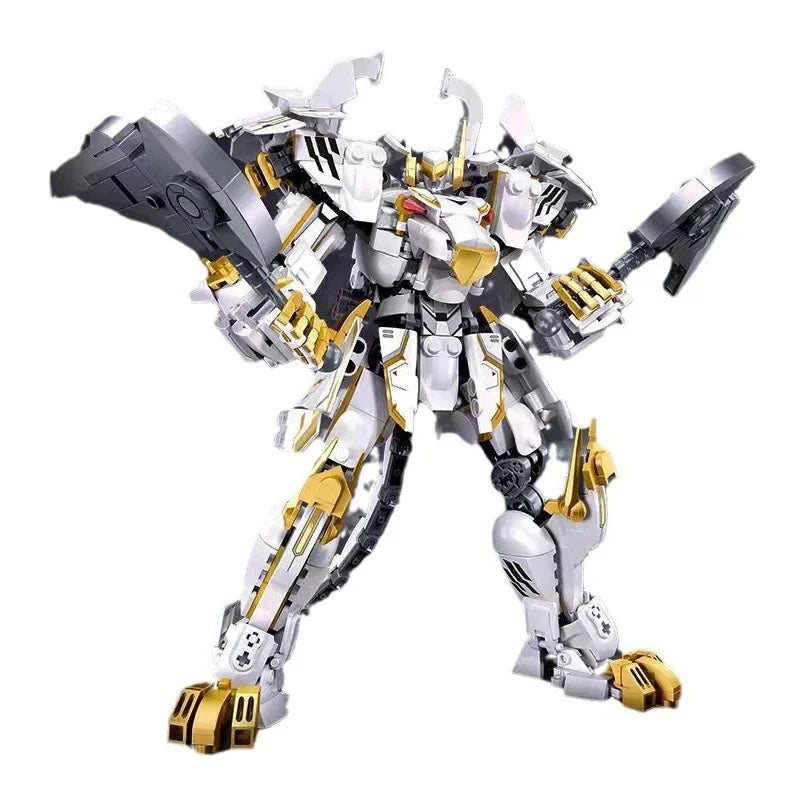 Sluban White Tiger Mecha Building Blocks featuring a classic mecha figure model in a white tiger design, perfect for kids' educational play and holiday gifts.
