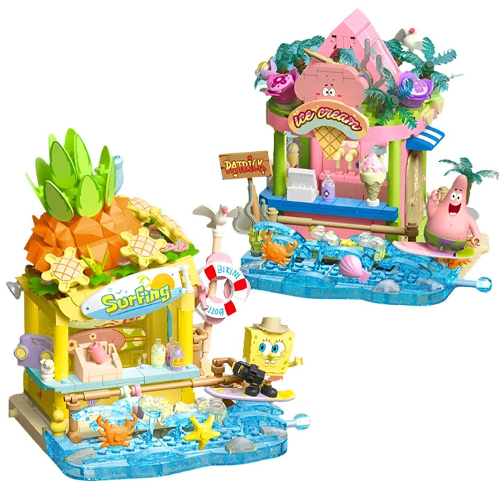 SpongeBob Series Building Blocks Patrick Star Dessert House Surf Shop Scene Model featuring a detailed and colorful set, ideal for kids' play and desktop decoration.