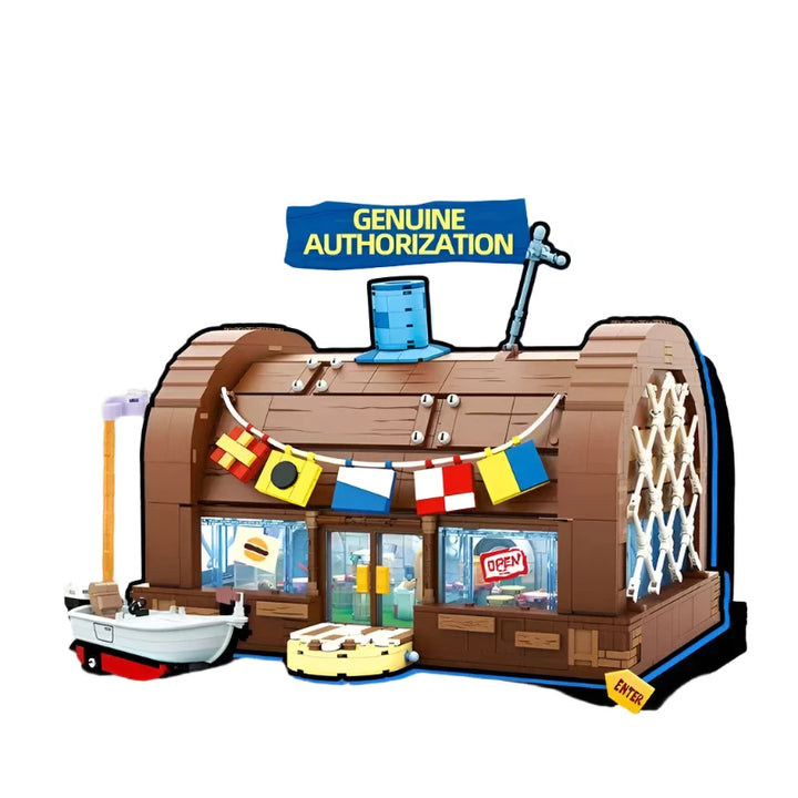 SpongeBob Cartoon Krusty Krab Restaurant Building Blocks featuring a detailed canteen scene model, ideal for kids and desktop decoration.