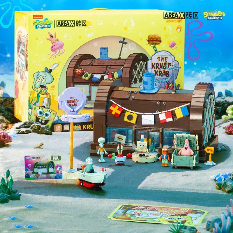 SpongeBob Cartoon Krusty Krab Restaurant Building Blocks featuring a detailed canteen scene model, ideal for kids and desktop decoration.