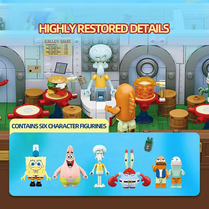 SpongeBob Cartoon Krusty Krab Restaurant Building Blocks featuring a detailed canteen scene model, ideal for kids and desktop decoration.