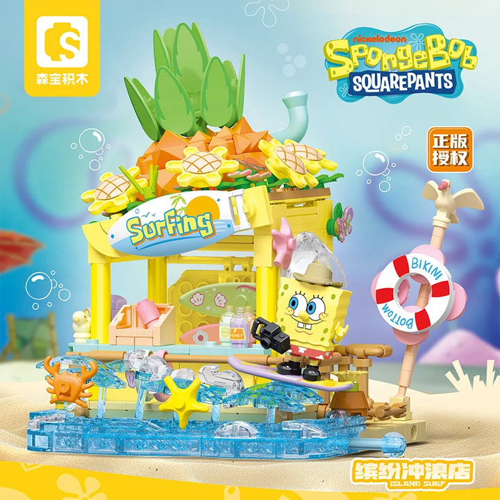 SpongeBob Series Building Blocks Patrick Star Dessert House Surf Shop Scene Model featuring a detailed and colorful set, ideal for kids' play and desktop decoration.