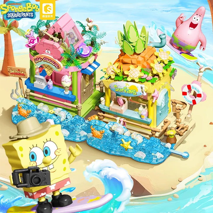 SpongeBob Series Building Blocks Patrick Star Dessert House Surf Shop Scene Model featuring a detailed and colorful set, ideal for kids' play and desktop decoration.