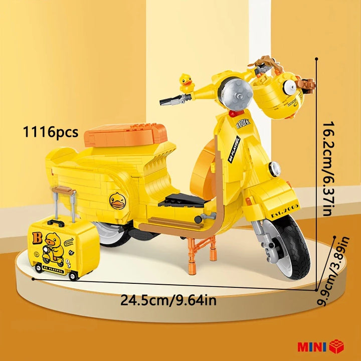 Yellow Duck Motorcycle Building Blocks Set featuring a travel motorcycle with helmet and trunk box, perfect for kids who love building and adventure.