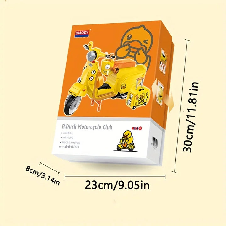 Yellow Duck Motorcycle Building Blocks Set featuring a travel motorcycle with helmet and trunk box, perfect for kids who love building and adventure.