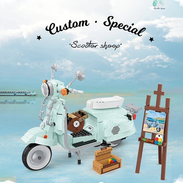 Yellow Duck Motorcycle Building Blocks Set featuring a travel motorcycle with helmet and trunk box, perfect for kids who love building and adventure.