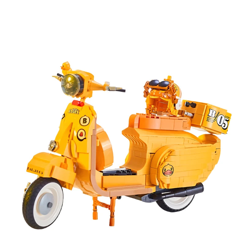 Yellow Duck Motorcycle Building Blocks Set featuring a travel motorcycle with helmet and trunk box, perfect for kids who love building and adventure.