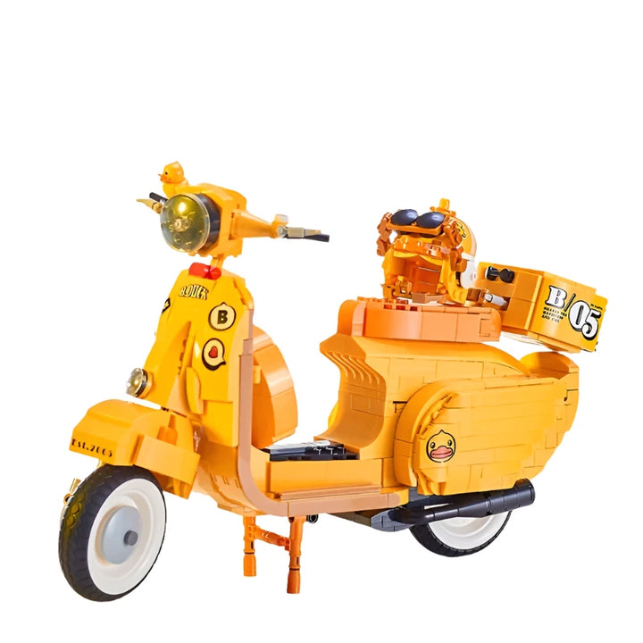 Yellow Duck Motorcycle Building Blocks Set featuring a travel motorcycle with helmet and trunk box, perfect for kids who love building and adventure.