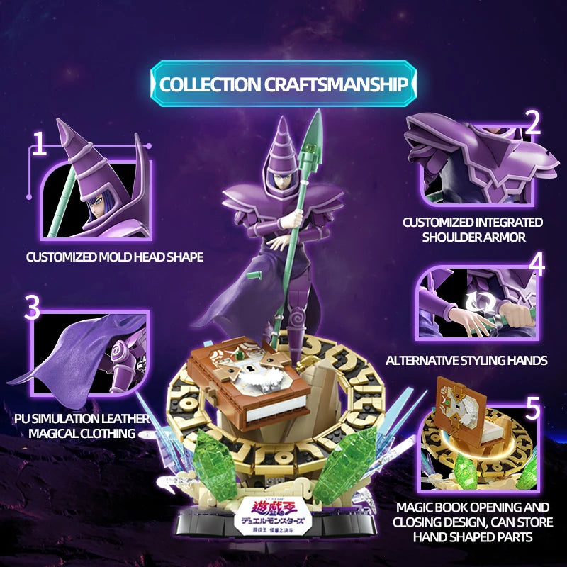 Yu-Gi-Oh Dark Magician Model Building Blocks Set featuring a detailed figure of the iconic Dark Magician, perfect for fans of the classic card game, kids, and collectors.